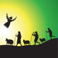 An image of shepherds, sheep and an angel